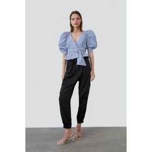 Zara Blue & White Puff Sleeve Blouse w/ Belt
